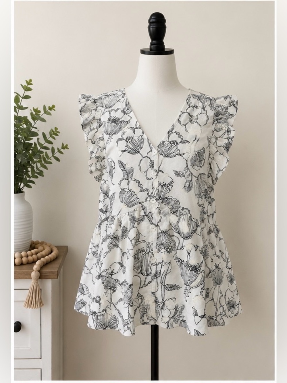 Harlow Floral Ruffle Sleeve Babydoll Blouse M Black Ivory Peplum Top